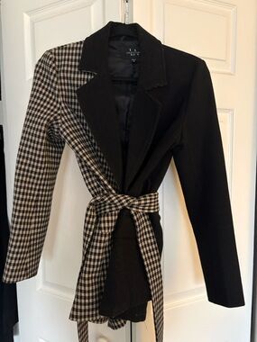 LA Coalition Plaid Black & White Tie Waist  Blazer | Small | Belted Jacket
